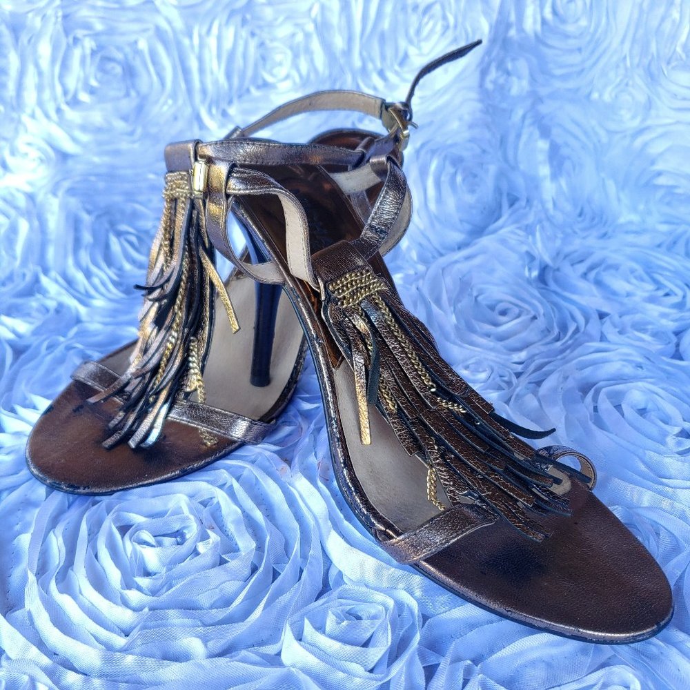 Michael Kors Brown Metallic Bronze Fringe Strappy Stiletto heels Women Size 7.5M